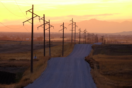 Detail of Silhouetted power lines phone lines at sunrise or sunset silhouette