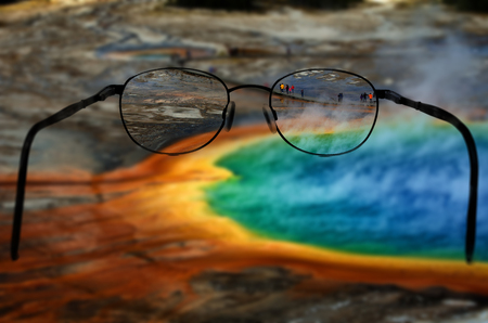 Grand Prismatic Pool at Yellowstone National Park Colors Glasses out of focus visionの写真素材