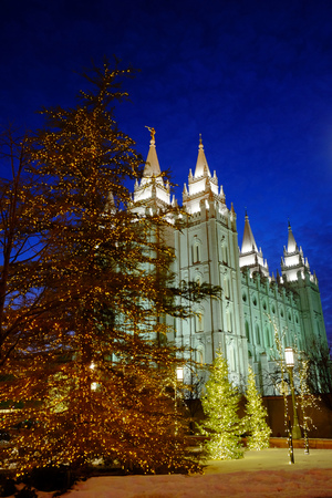 Salt Lake City Mormon LDS Latter-day Saint Temple at night Christmas Lightsの写真素材