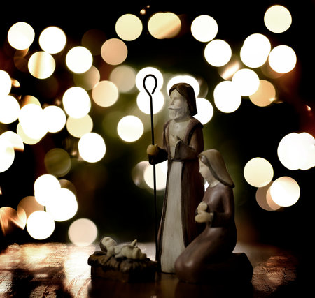Christmas nativity scene with baby Jesus, Mother Mary and Joseph with Lights