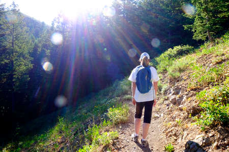 Woman hiking on trail in pine forest in wildernessの写真素材