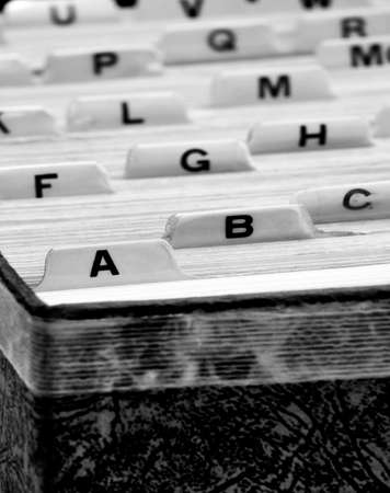 Closeup of index cards for business school or home organization organize names informationの写真素材