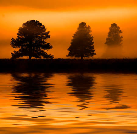 Morning sunrise with trees and river under blue sky and glowing mist
