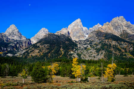 Scenic view of Tetons Teton Mountains granite peaks in American west Wyoming rugged rangeの写真素材