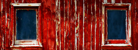 Peeling red paint on weathered old wooden window frames on barn or farm houseの写真素材