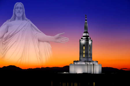 Pocatello Idaho LDS Mormon Latter-day Saint Temple with lights at sunset Angel Moroni and Jesus looking arms outの写真素材