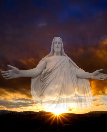 Jesus sunset on mountains horizon clouds sunstar sun star glowing brightの写真素材