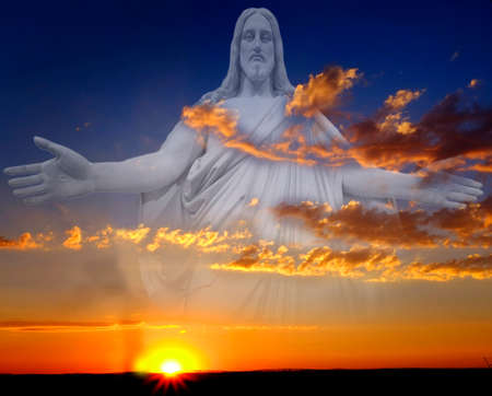 Jesus sunset on mountains horizon clouds sunstar sun star glowing brightの写真素材