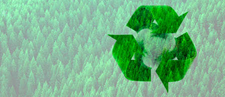 Recycle Symbol with View of forest of green pine trees on mountainside on white background banner sized with copy spaceの写真素材