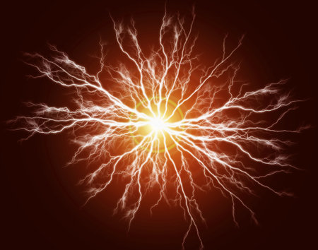 Explosion of pure power and electricity in the dark red plasma burning brightlyの写真素材