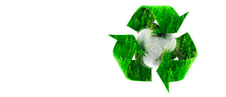 Recycle Symbol with View of forest of green pine trees on mountainside on white background banner sized with copy spaceの写真素材
