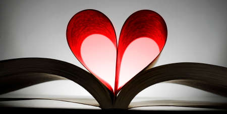 Book with heart shaped pages showing a love of reading books and learning panoramaの写真素材