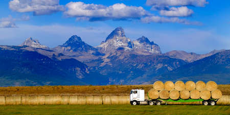 Truck hauling load of freshly harvested hay with Teton Mountains in Background farming operationの写真素材