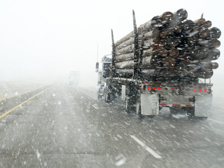 Big Diesel Truck hauling wood driving in snow storm traffic stormyの写真素材