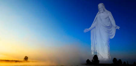 Morning sunrise with trees and river under blue sky and glowing mist with Jesus as the Creatorの素材 [FY310182430416]