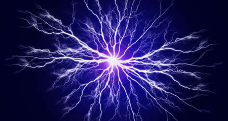 Explosion of pure power and electricity in the dark red plasma burning brightlyの写真素材