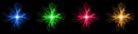 Explosion of pure power and electricity in the dark blue green red and yellow plasma electrical energyの写真素材