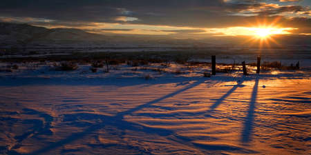 Sunrise or sunset sunlight on fenceposts casting shadows across the snow covered groundの写真素材