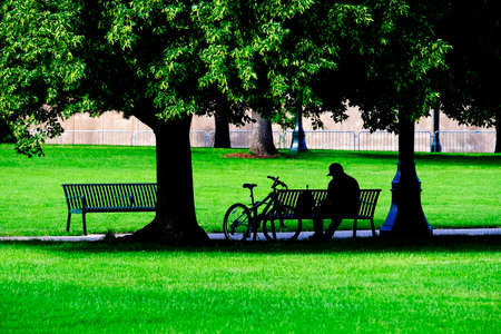 Person sitting on a park bench with bike silhouette silhouetted with green grass and treesの写真素材