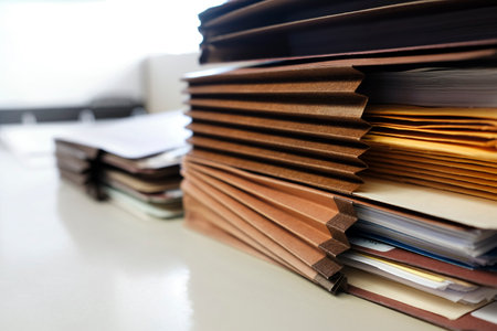 Office files stacked on shelf and organized for storage or archiveの写真素材