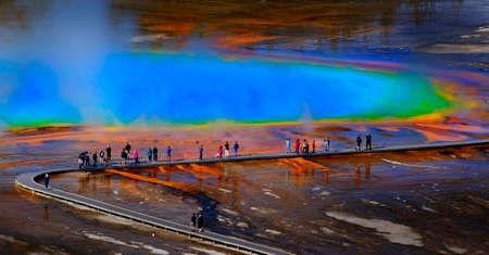 Grand Prismatic Spring in Yellowstone National Park with steam risingの写真素材