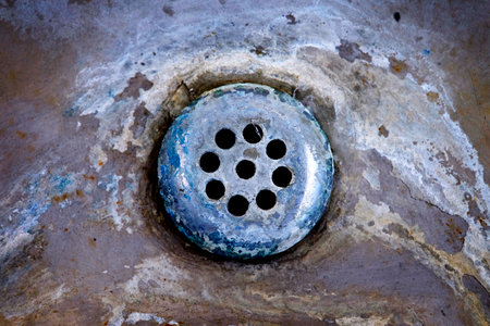 Old worn drain in sink or tub with mineral deposits and stains around holesの写真素材