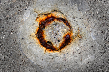 Orange rusted round spot on concrete texture from cut pole removedの写真素材