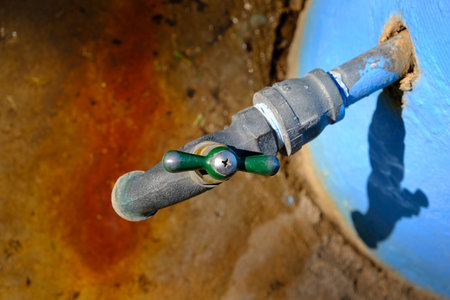 Metal faucent dripping water into a puddle with rust stainの写真素材