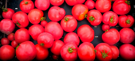 Tomatoes fresh tomatos in bin at market farmers produce for saleの写真素材
