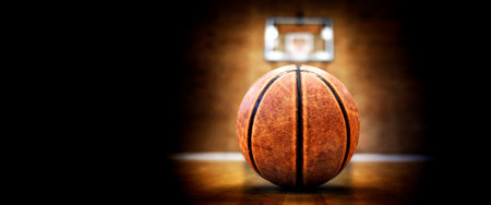 Basketball court with ball hoops rims hardwood floor and lights for competition gameの写真素材