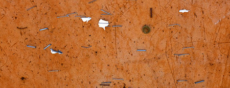 Old worn bulletin cork board with staplesの写真素材