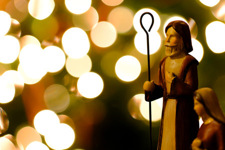 Christmas nativity scene with baby Jesus, Mother Mary and Joseph with Lightsの写真素材