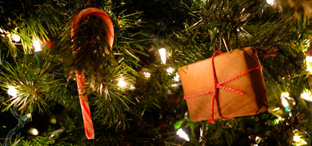 Christmas present tree decorations with tied bowの写真素材