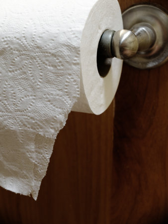Toilet paper dispenser in bathroom with roll and tear textureの写真素材