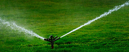 Sprinkler in a park spraying water watering lush green grassの写真素材