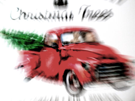 Decoration or sign of old red vintage truck with christmas treeの写真素材