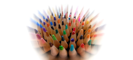 Large pile amount of colored pencils in a tube holder for art and creativity zoom motionの写真素材