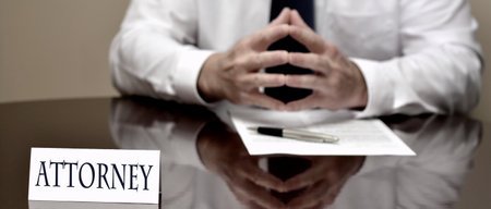 Businessman at desk with papers and card making hand gestures Attorney Lawyerの写真素材