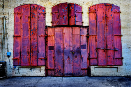 Old building built with iron metal shutters for fire protectionの写真素材