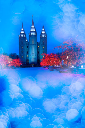 Salt Lake City Temple Square Christmas Lights on Trees and Steeples magical out of focus glowing lightsの写真素材