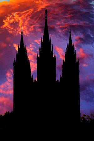 Salt Lake City Temple LDS religion with Amazing Colorful sunset or sunrise sky dramaticの写真素材