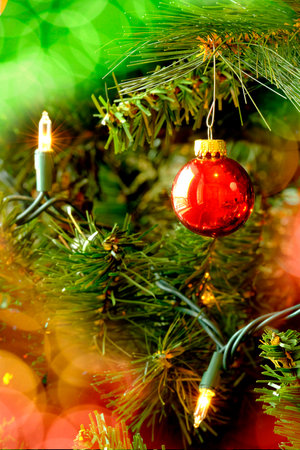 Christmas decorations and glowing warm lights red and green celebrationの写真素材