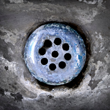 Old weathered and stained drain in sink hard water textureの写真素材