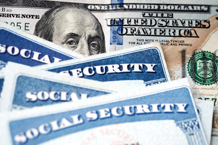 Several Social Security Cards on a US United States one hundred dollar bill $100 system of benefits for retired elderly peopleの写真素材