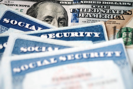 Several Social Security Cards on a US United States one hundred dollar bill $100 system of benefits for retired elderly peopleの写真素材