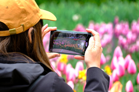 Detail of person taking photos of flowers on phoneの写真素材