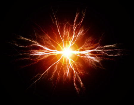 Explosion of pure power and electricity in the dark plasma bolts of shocking energyの写真素材