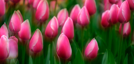 Colorful tulips growing at tulip festival in spring beautiful colors on delicate flowersの写真素材