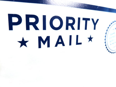 Priority Express Mail lable envelope for mailing fast letters and documentsの写真素材