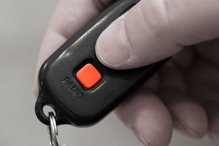 Closeup of Panic Button on key fob for car safety system on keysの写真素材